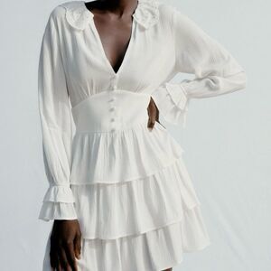 Zara White Openwork Embroidery Peter Pan Collar Mini Dress. Size M